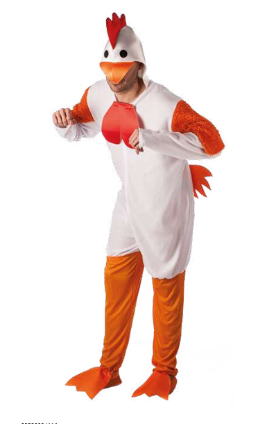 Fato de galinha com corpo branco e detalhes laranja e vermelhos