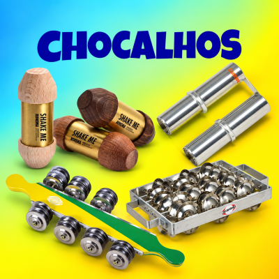 Quatro tipos de chocalhos para música com fundo amarelo e azul e texto CHOCALHOS