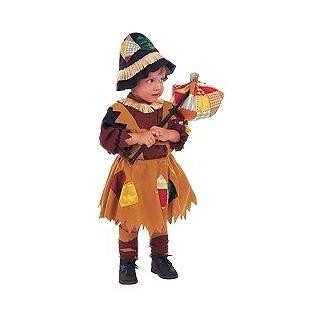 Criança com fato e chapéu remendados castanhos e guarda-chuva colorido