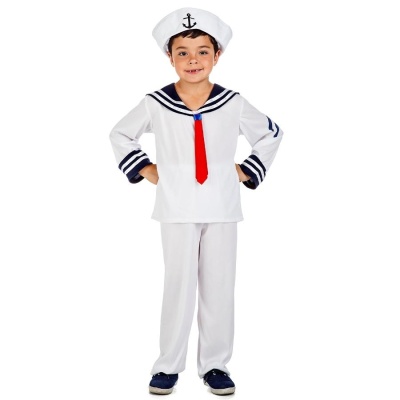 Fato de marinheiro infantil branco com gola azul escura e gravata vermelha.