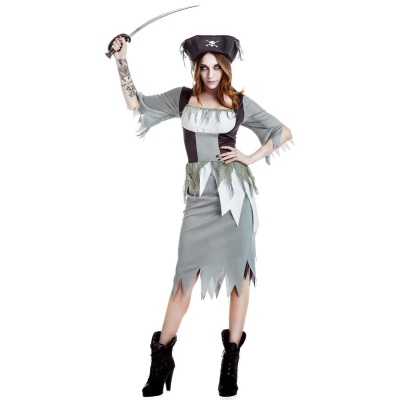 Fato de pirata feminino cinza e preto com acessórios
