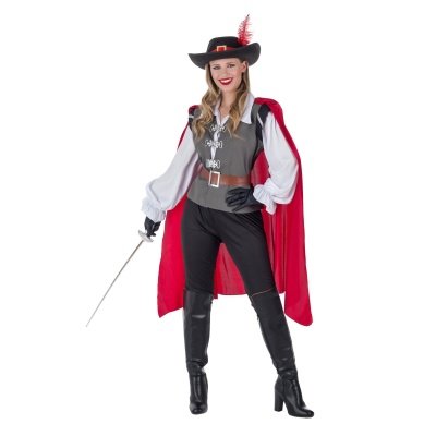 Fantasia de mulher com capa vermelha, blusa branca, colete cinza, calças pretas, botas e chapéu preto com pena