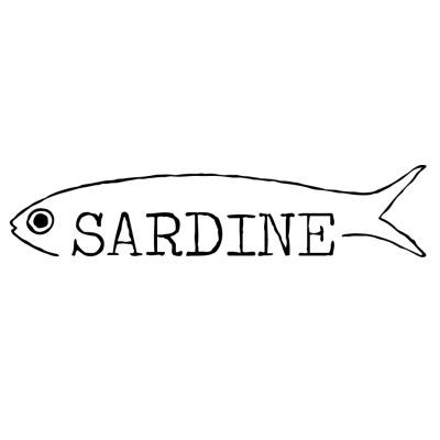 Desenho preto e branco de um peixe com a palavra SARDINE no corpo