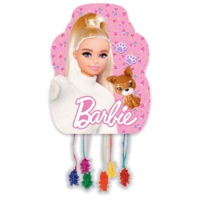 Acessório com figura da boneca Barbie loira e cão castanho, fundo rosa com desenhos, texto Barbie e franjas coloridas