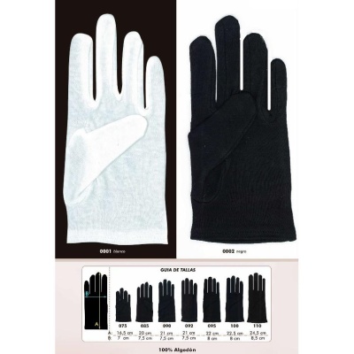 Duas luvas de algodão, branca e preta, e tabela de tamanhos com medidas em centímetros