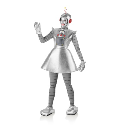 Fato de robô feminino prateado com detalhes vermelhos e pretos