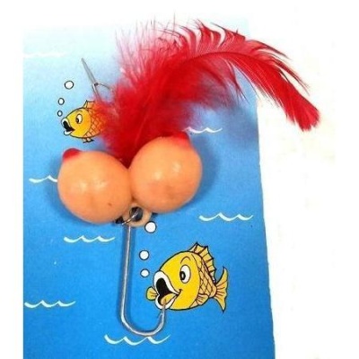 Gancho de pesca com esferas e pluma vermelha sobre fundo azul com peixes e ondas