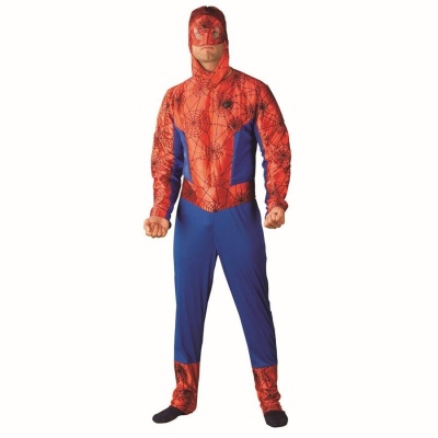 Fato de super-herói vermelho e azul com máscara e padrão de teia de aranha