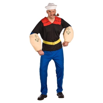 Fato de marinheiro com mangas almofadadas, chapéu branco e cachimbo.