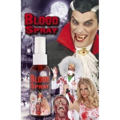 Frasco de spray Blood Spray com personagens de Halloween ao fundo.