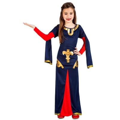 Vestido comprido azul escuro e vermelho para fantasia de menina