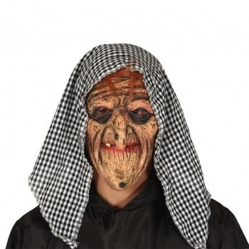 Máscara de rosto enrugada com lenço xadrez preto e branco e capa preta