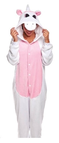 Pijama kigurumi em tecido branco e rosa com capuz de unicórnio