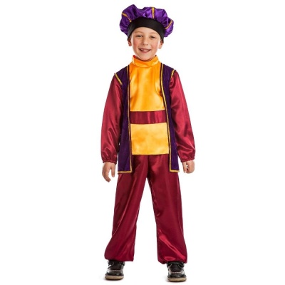 Fato colorido de tecido acetinado para criança com colete e chapéu