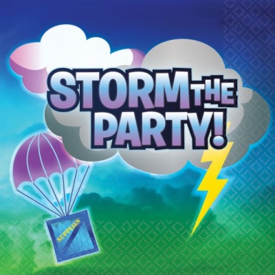 Texto STORM THE PARTY! em nuvem com raio e paraquedas com pacote
