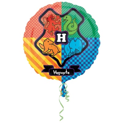 Balão redondo metalizado com brasão de Hogwarts colorido e texto