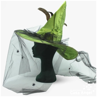 Chapéu de bruxa verde com véu preto e aranhas falsas