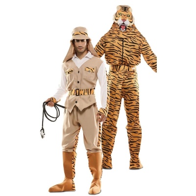 Duas pessoas com fatos de fantasia, uma como tigre e outra com roupa bege com detalhes de tigre