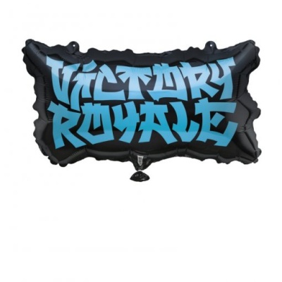 Balão metálico preto com texto azul VICTORY ROYALE em grafite