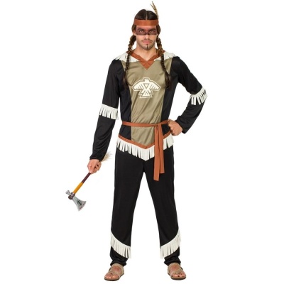 Fato de índio masculino castanho e preto com franjas brancas e acessórios