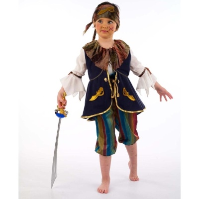 Fantasia infantil de pirata com colete azul, calças riscas coloridas e espada de brinquedo
