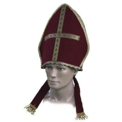 Chapéu mitra bordô com cruz dourada e franjas em manequim cinzento