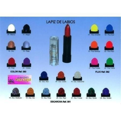 Lápis de lábios em várias cores com etiquetas e embalagem plástica transparente.