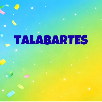 Fundo colorido com a palavra TALABARTES em letras roxas e fitas de festa coloridas