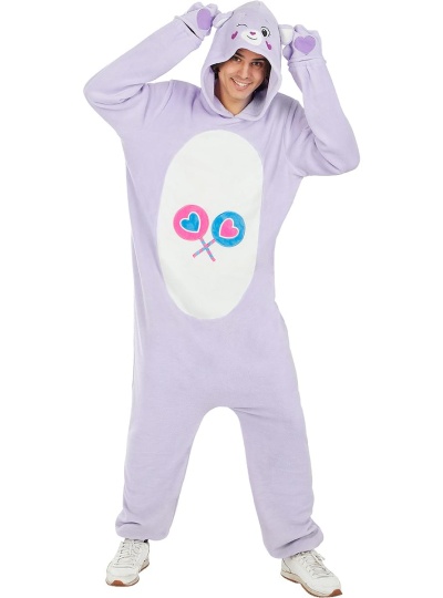 Macacão cinzento lilás de pelúcia com capuz e rosto de animal engraçado