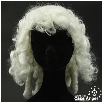 Peruca branca encaracolada em manequim preto com logotipo ALMACENES Casa Angel