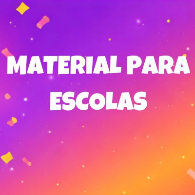 Texto branco em fundo colorido MATERIAL PARA ESCOLAS com confetes e brilho