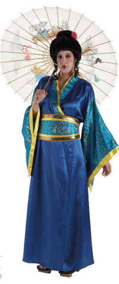 Vestido tradicional azul com detalhes dourados e guarda-chuva branco decorado