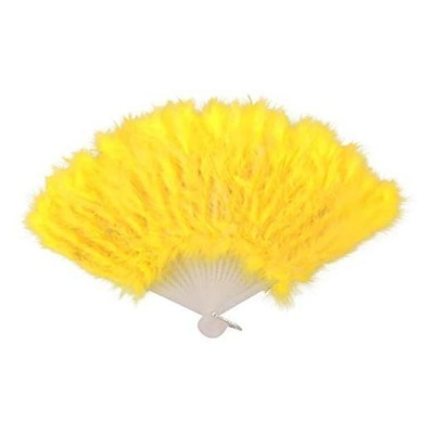 Leque amarelo com penas e estrutura branca