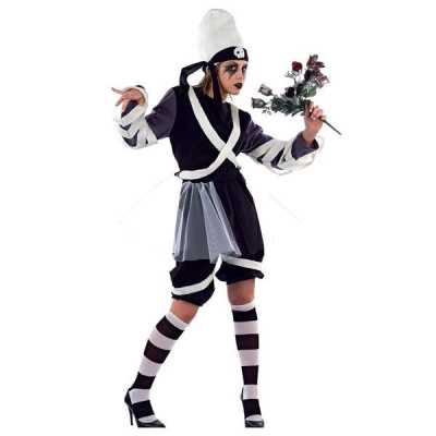 Fato de fantasia preto, branco e cinzento com touca de caveira e ramo de rosas