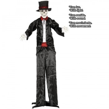 Figura decorativa esqueleto com luzes, som e movimento vestida de preto e vermelho