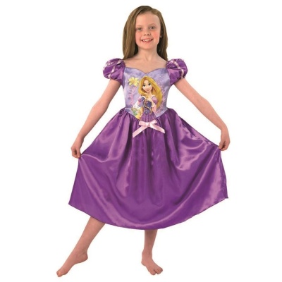 Vestido infantil roxo da Rapunzel com mangas bufantes e fita rosa