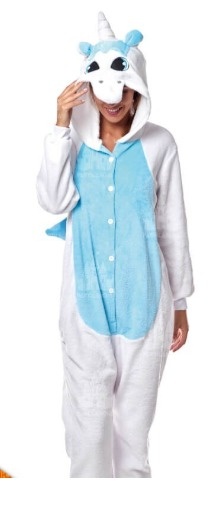 Pijama macacão adulto de unicórnio branco e azul com capuz e detalhes de rosto