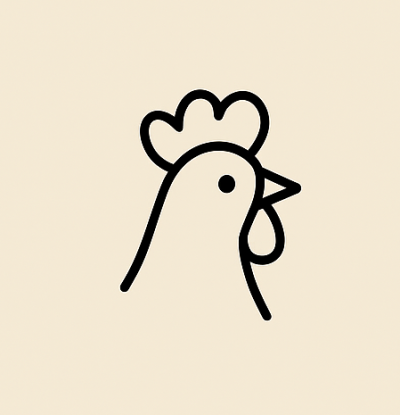 Desenho minimalista em linha preta da cabeça de uma galinha sobre fundo creme