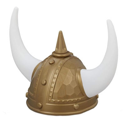 Capacete de viking dourado com cornos brancos