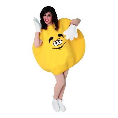 Fantasia de emoji amarelo sorridente com olhos e sobrancelhas pretos