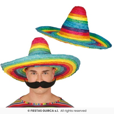 Chapéu sombrero colorido com faixas arco-íris e bigode falso preto