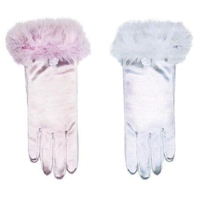 Par de luvas longas em acetinado rosa claro e branco com pelúcia no punho