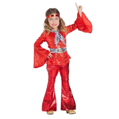 Fato de criança vermelho e branco com brilhos e padrão de riscas, completo com faixa na cabeça e cinto