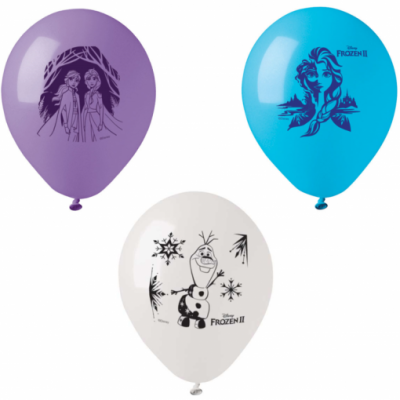 Três balões de festa Frozen II em lilás, azul e branco com personagens impressas