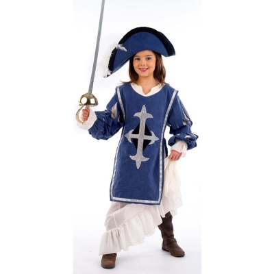 Fantasia infantil mosqueteira azul, branca, chapéu e espada