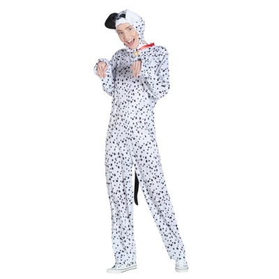 Macacão de pijama de dálmata branco com manchas pretas e capuz com orelhas e cauda