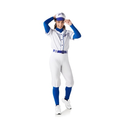 Uniforme completo de basebol branco e azul com boné e sapatilhas brancas