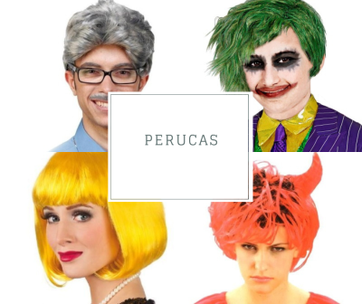 Quatro pessoas com perucas coloridas diferentes e texto 'PERUCAS' ao centro