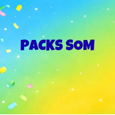 Background colorido com texto PACKS SOM e confetes