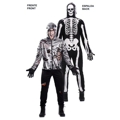 Dois fatos de Halloween com temas de caveira, casaco cinzento e macacão preto com ossos.